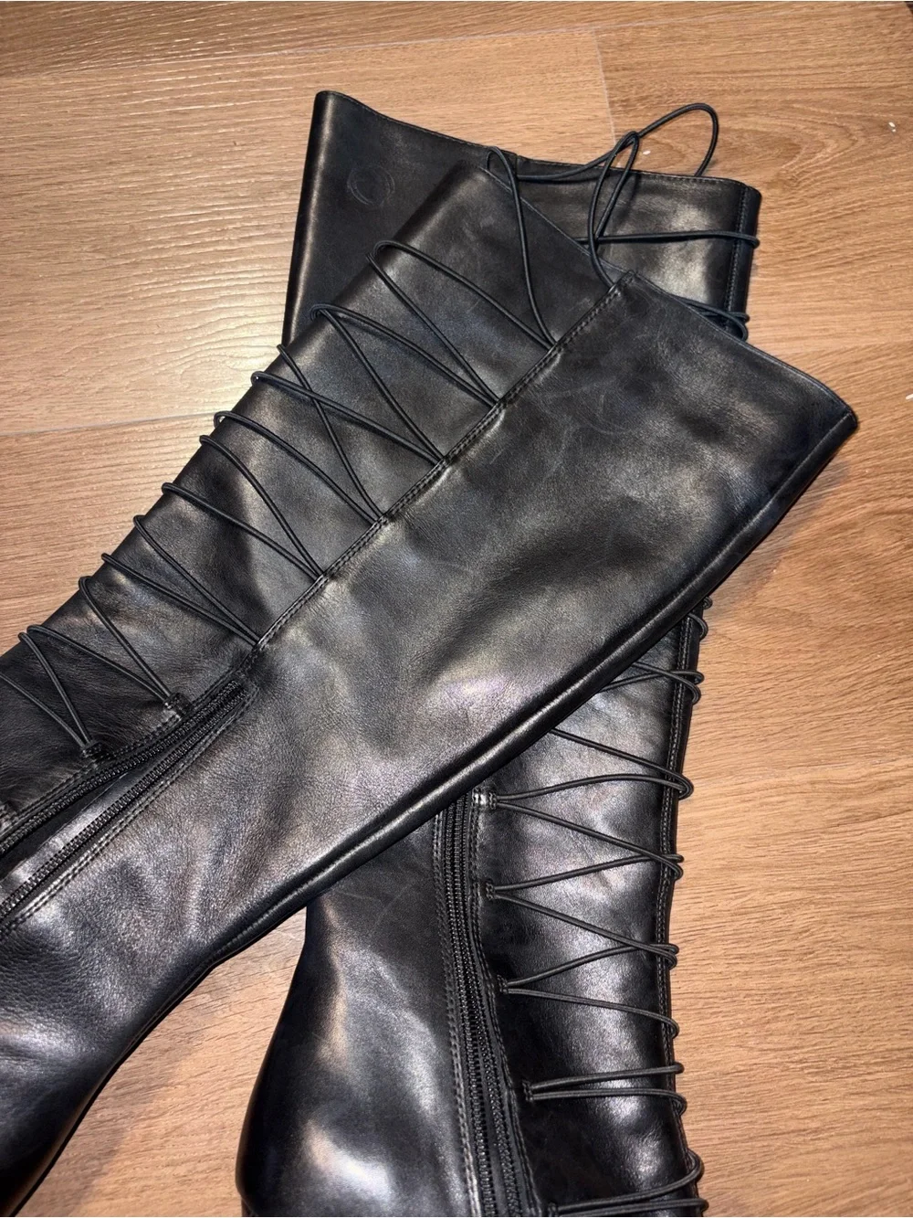 Vince Camuto Black Lace-Up Knee-High Peep-Toe Stiletto Boot (Kendra)